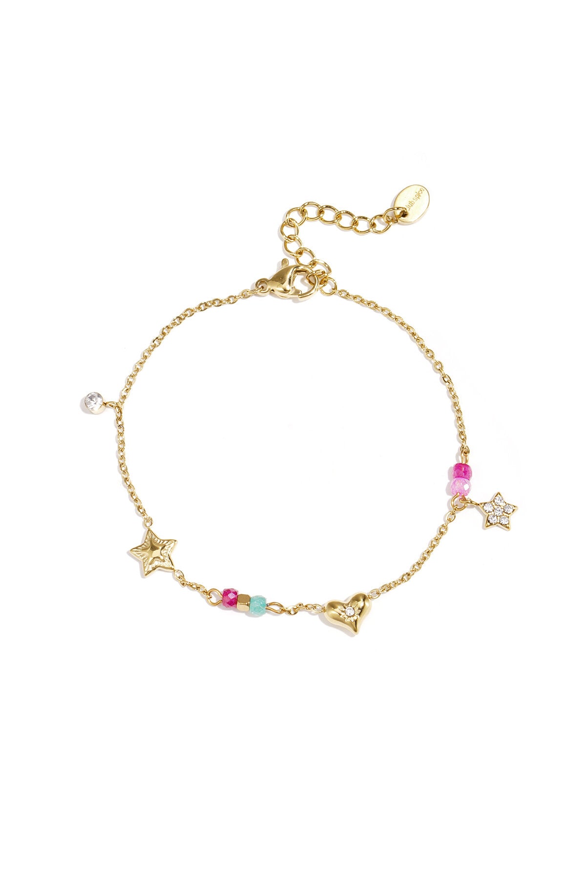 Bracciale con ciondoli a forma di cuore, stella, pietre e perline