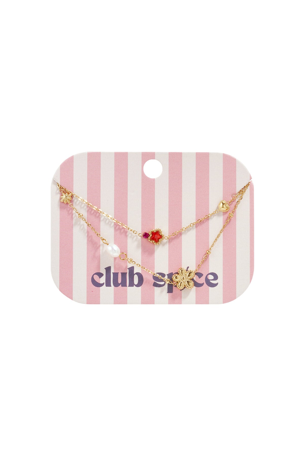 Bracciale con ciondoli a forma di stella e fiore, perle, pietre e perline.
