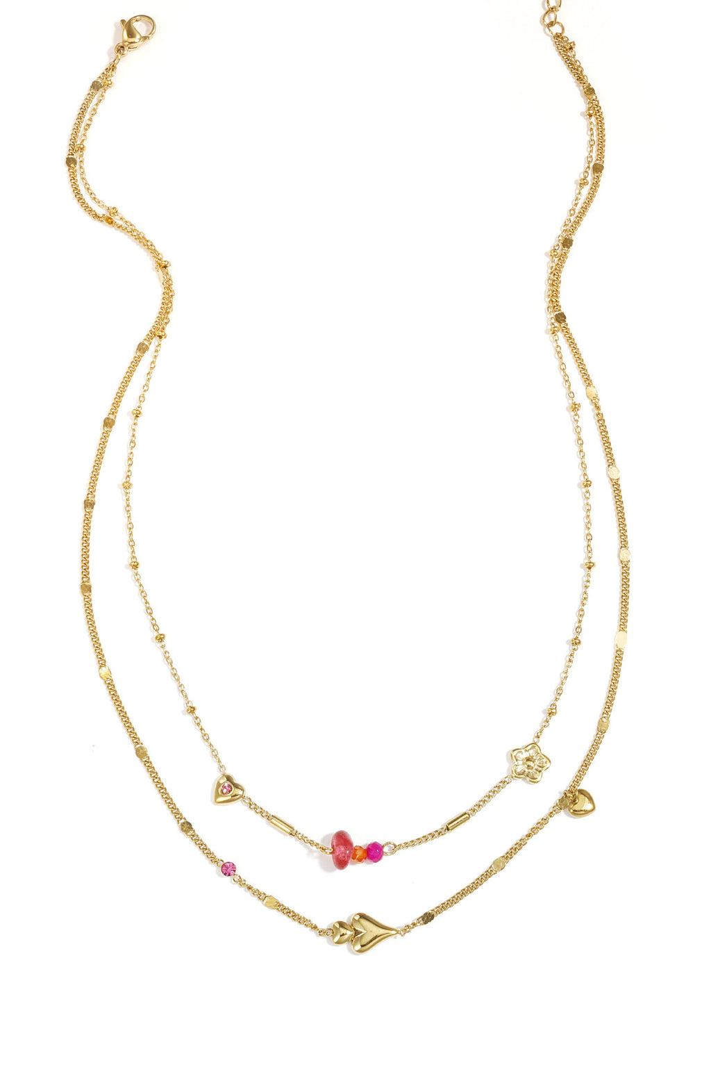 Collana doppia con cuori, perline e fiori
