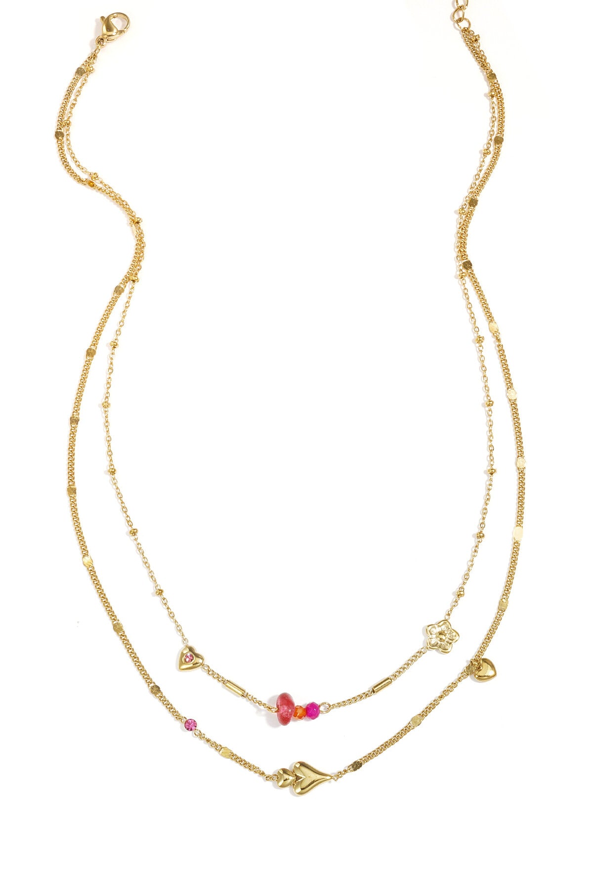 Collana doppia con cuori, perline e fiori