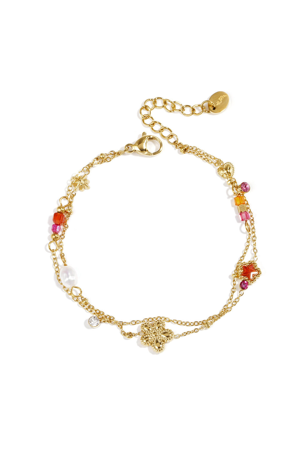 Bracciale con ciondoli a forma di stella e fiore, perle, pietre e perline.